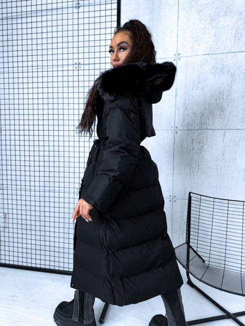 Classic long winter coat with belt - black PRE-ORDER