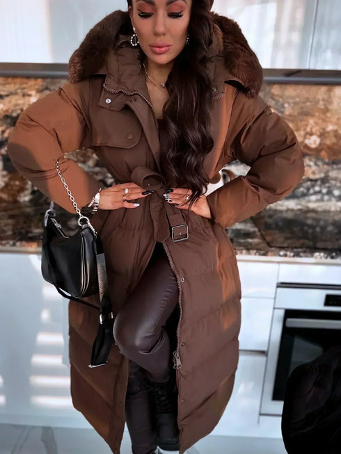 Классическая, длинная зимняя куртка с поясом - шоколадно-коричневая ПРЕДЗАКАЗ