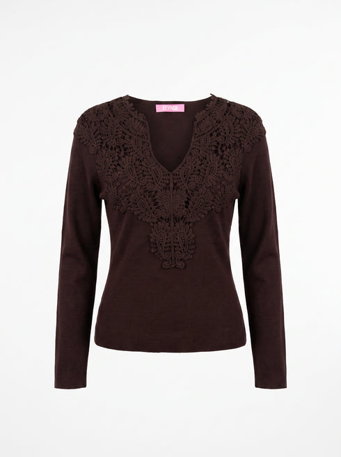Top with lace neckline "LETTER MC2951" - CHOCO