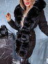 Warm, long coat with fur front + belt - BLACK