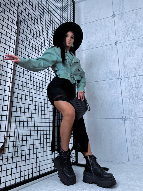 Crop faux leather jacket MU03 - pistachio green