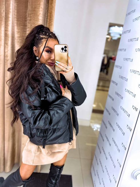 Faux leather jacket with hood - BLACK