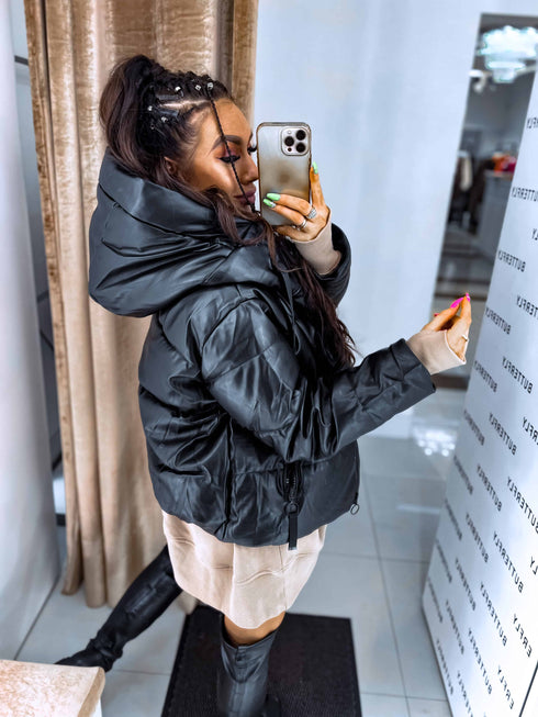 Faux leather jacket with hood - BLACK