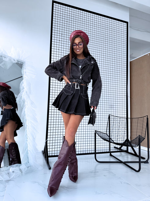 AQUAMARINE 19139 denim shorts + belt - BLACK