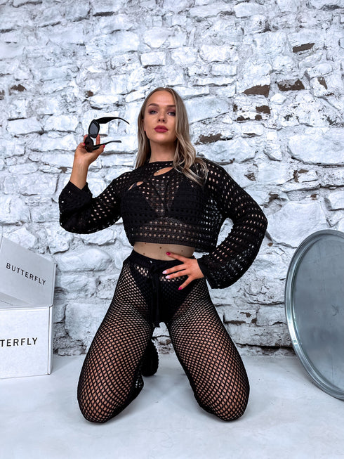 Melns tamborēts 2in1 komplekts - bikses + dzemperis