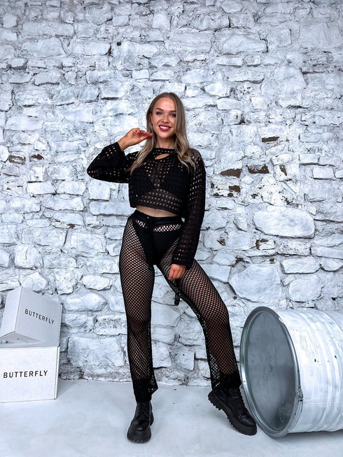 Melns tamborēts 2in1 komplekts - bikses + dzemperis