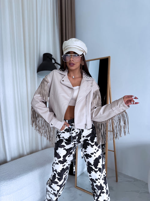 Faux leather jacket with fringes "SOMEBODY" - LIGHT BEIGE S6602