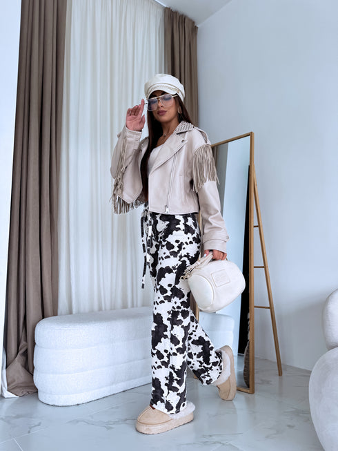 Faux leather jacket with fringes "SOMEBODY" - LIGHT BEIGE S6602