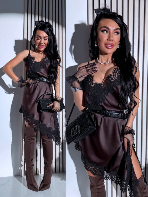 Atlasinė suknelė "POLAR ROSE 7988" - CHOCO