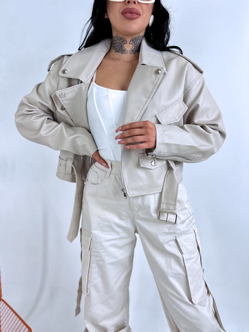 Crop faux leather jacket MU03 - beige