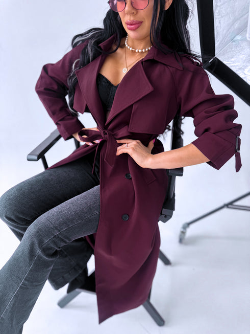 "PARIS CHIC 8017" long trench coat - BURGUNDY