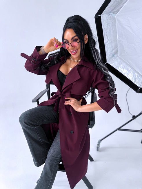"PARIS CHIC 8017" long trench coat - BURGUNDY