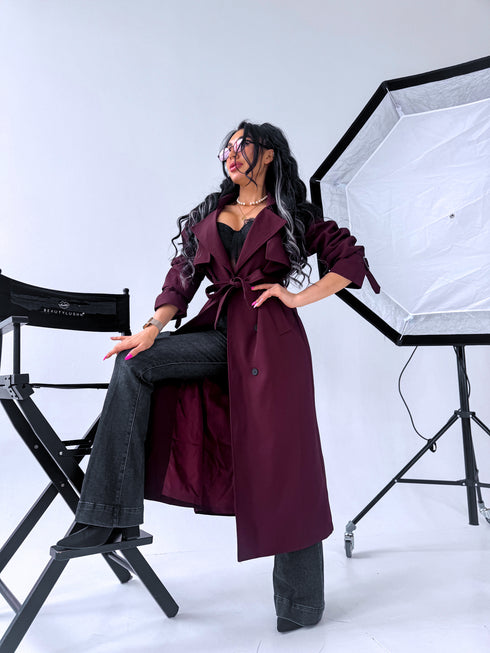 "PARIS CHIC 8017" long trench coat - BURGUNDY