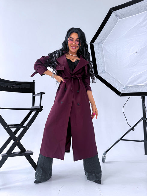 "PARIS CHIC 8017" long trench coat - BURGUNDY