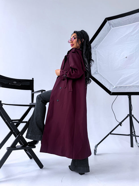 "PARIS CHIC 8017" long trench coat - BURGUNDY