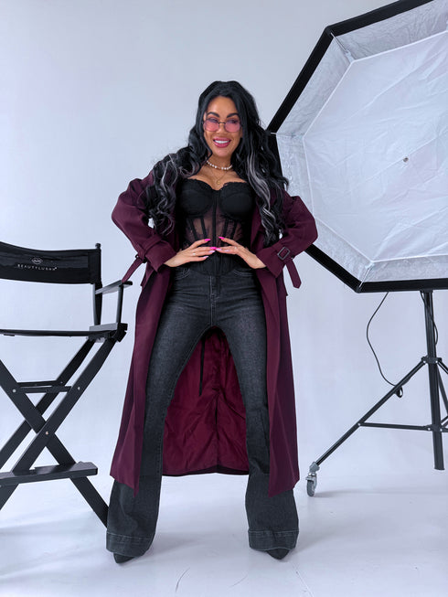"PARIS CHIC 8017" long trench coat - BURGUNDY