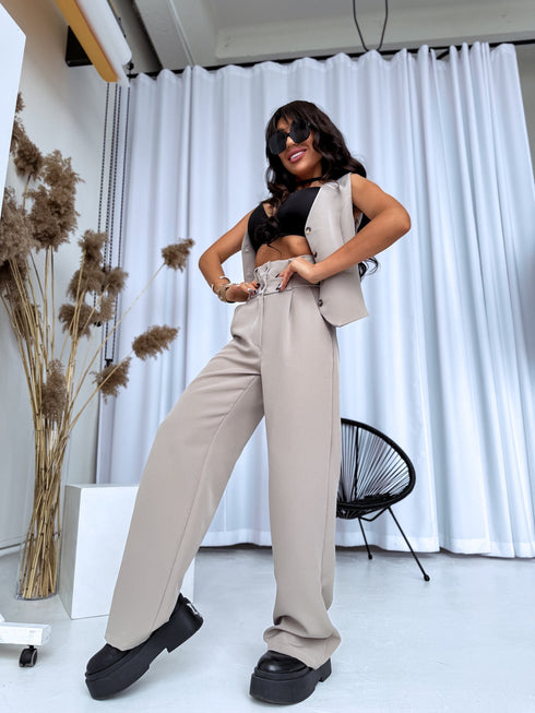 TRENDĪGOS, klasikinės kelnės su sagomis - TAMSIAI SMĖLINĖS