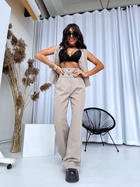 TRENDĪGOS, klasikinės kelnės su sagomis - TAMSIAI SMĖLINĖS