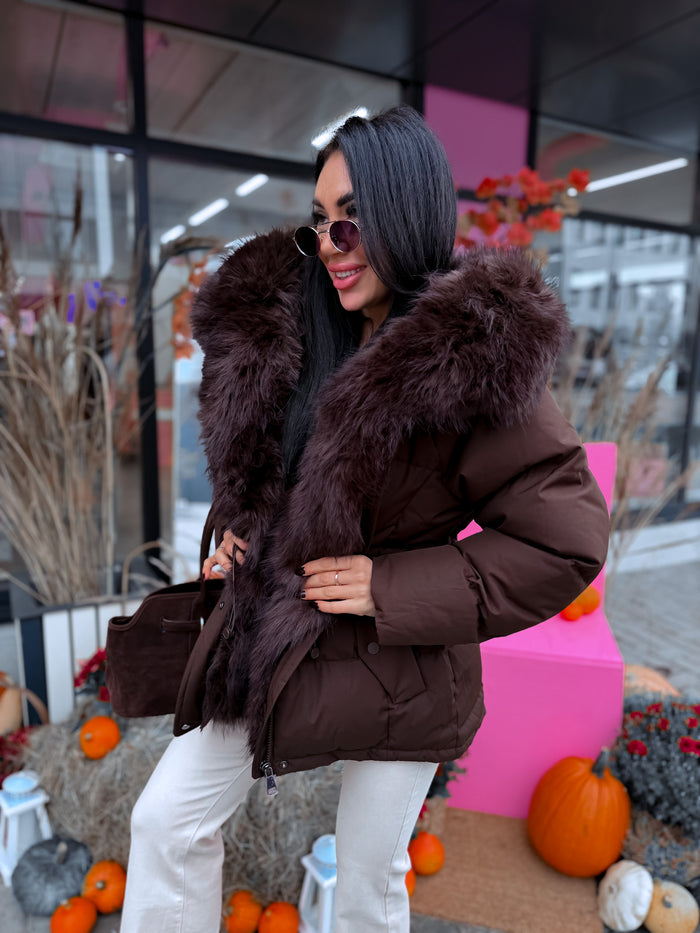 Jacket with a faux fur-trimmed hood "CUDDLE ME FC7665" - CHOCO
