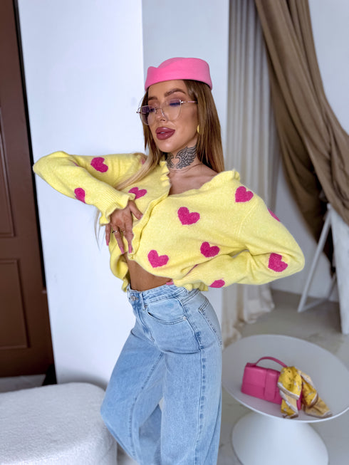 Knitted jacket "PINK HEARTS" AT8596 - YELLOW