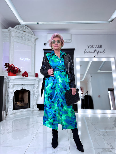 MIDI garuma kleita ar sasienamu dekoltē - zila ar zaļu