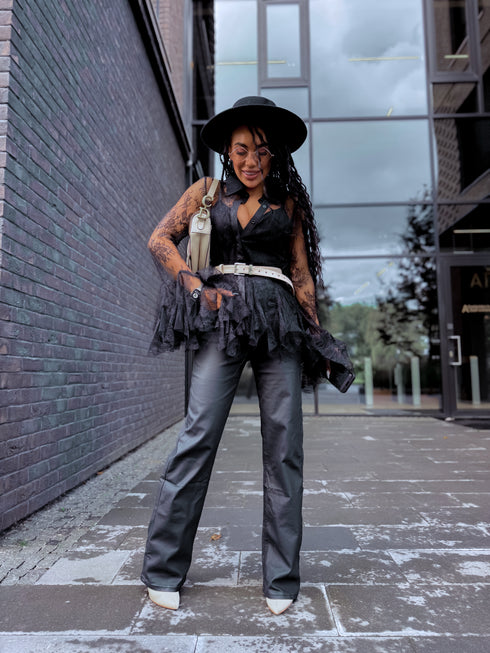 WIDE LEG pants HM6709 "BLACK LEATHER"