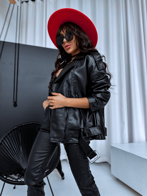 Куртка оверсайз из искусственной кожи с ремнем PU28 - черная