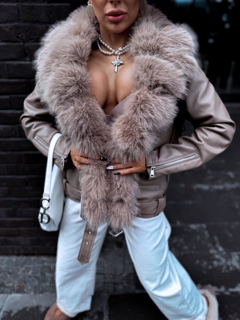 Cappuccino overcoat with cappuccino fur "LUX FUR" FL47
