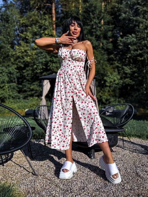 Corset dress with buttons "SMALKAIS ZIEDS" - cream white with red