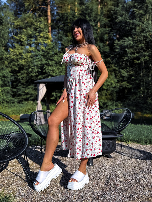 Corset dress with buttons "SMALKAIS ZIEDS" - cream white with red