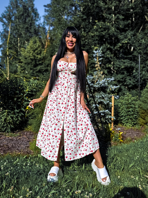 Corset dress with buttons "SMALKAIS ZIEDS" - cream white with red