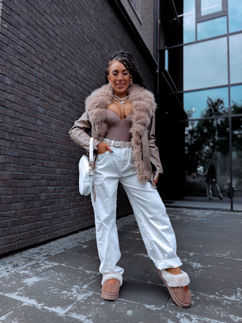 Cappuccino overcoat with cappuccino fur "LUX FUR" FL47