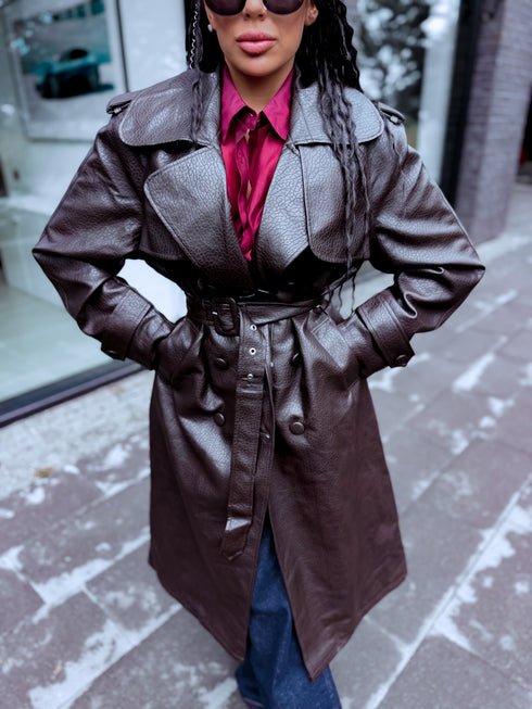 Faux Leather Trench "MIDNIGHT BELT" CV2189 – Choco
