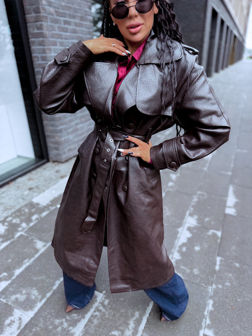 Faux Leather Trench "MIDNIGHT BELT" CV2189 – Choco
