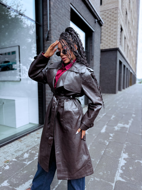 Faux Leather Trench "MIDNIGHT BELT" CV2189 – Choco