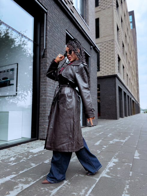 Faux Leather Trench "MIDNIGHT BELT" CV2189 – Choco