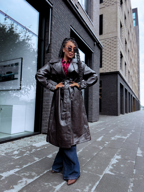 Faux Leather Trench "MIDNIGHT BELT" CV2189 – Choco