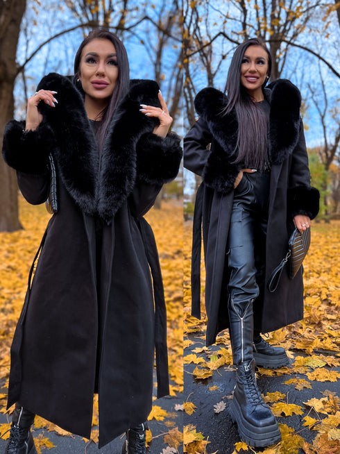 Зимнее теплое пальто с пухом - черное