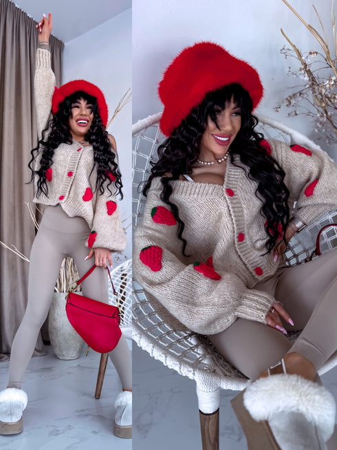 Megzta vilnos striukė "SWEET RASPBERRY" - BĖŽINĖ SU RAUDONA