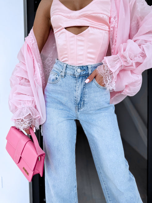 "PINK DRIP Y3517-2" džinsai - ŠVIESIAI MĖLYNA IŠANKSTINIS UŽSAKYMAS