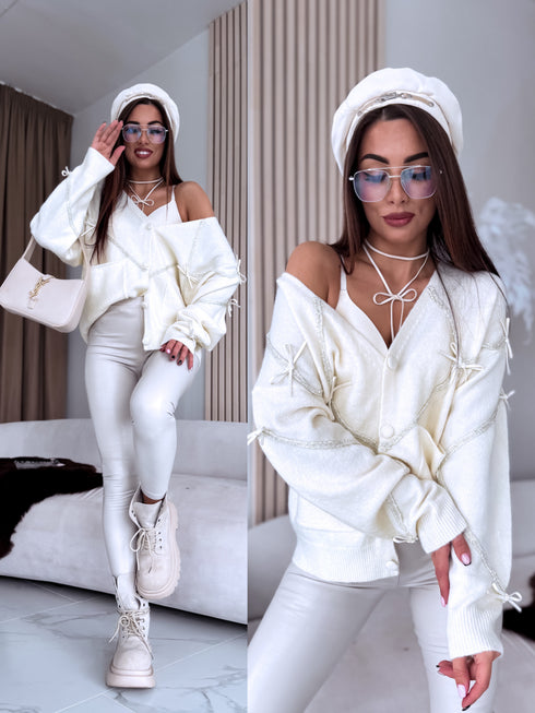 "CREAMY GLEAM MO-4005" knitted jacket with sequins - cream white