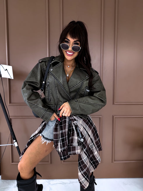 Crop leather imitation jacket "BROWNIE" CV73 - HAKI