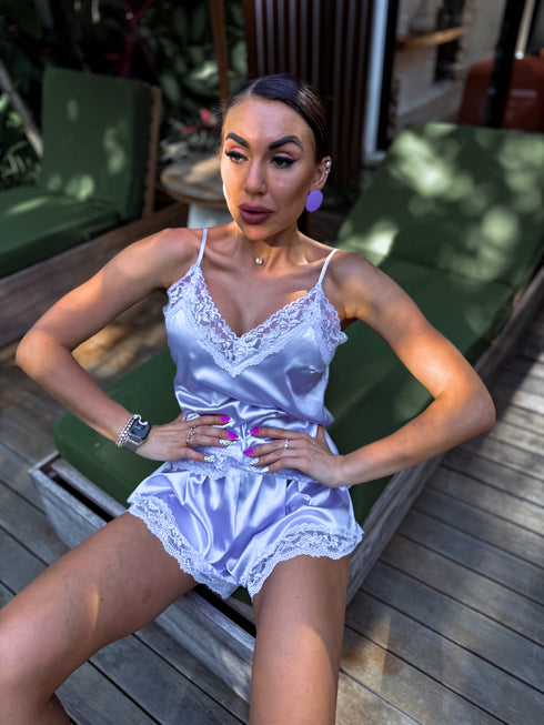 Lavandas, satīna nakts komplekts - tops + šorti