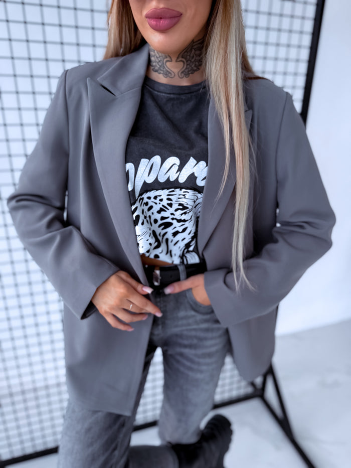 Oversize jacket with black sleeve buttons - gray