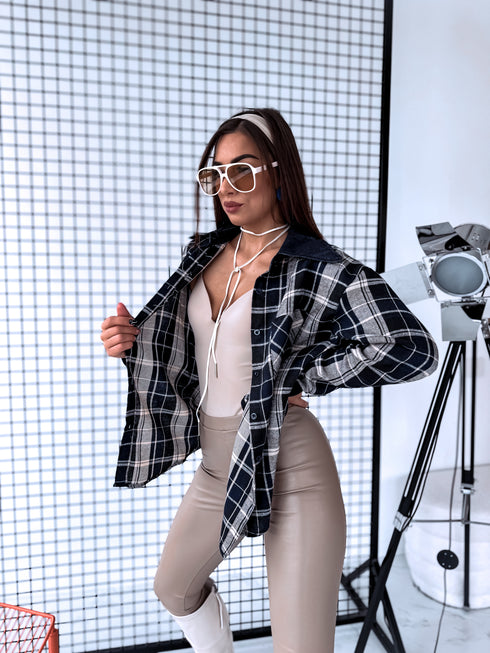 Rūtots krekls "COLLAR" ME221 - TUMŠI ZILS