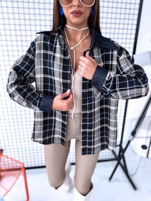 Rūtots krekls "COLLAR" ME221 - TUMŠI ZILS