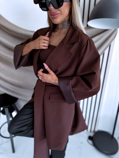 PLUS SIZE pagarinėta žakete + diržas "MAPLE 65150" - CHOCO