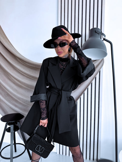 PLUS SIZE extended blazer + belt "MAPLE 65150" - BLACK