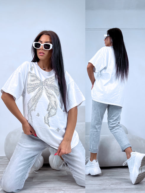 BALTS, ONE SIZE pagarināts T-krekls "KRISTĀLU BANTE"