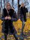 Warm, long coat with fur front + belt - BLACK